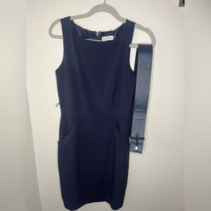 Calvin Klein Women’s Blue Sleeveless Sheath Midi Dress with Belt